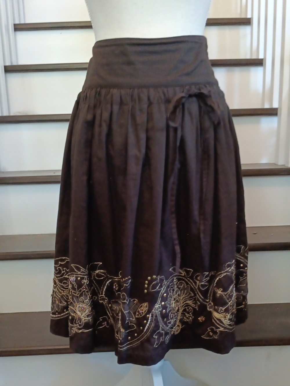 ^ EDC by Esprit Brown Cotton Embroidered & Embellished Full Skirt